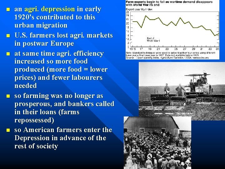 n n n an agri. depression in early 1920's contributed to this urban migration
