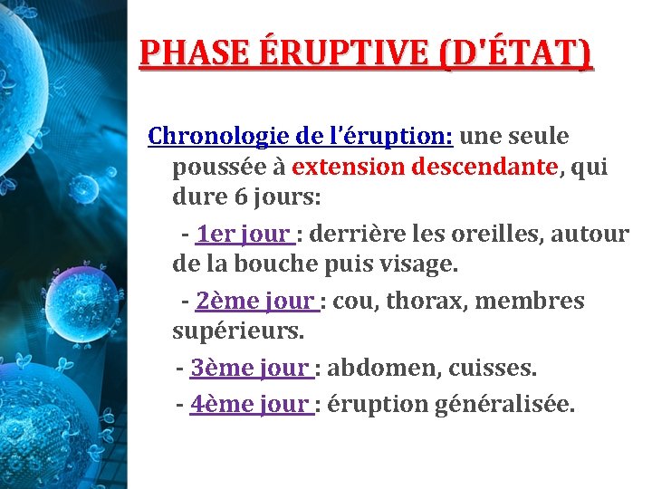 PHASE ÉRUPTIVE (D'ÉTAT) Chronologie de l’éruption: une seule poussée à extension descendante, qui dure PHASE ÉRUPTIVE (D'ÉTAT) Chronologie de l’éruption: une seule poussée à extension descendante, qui dure