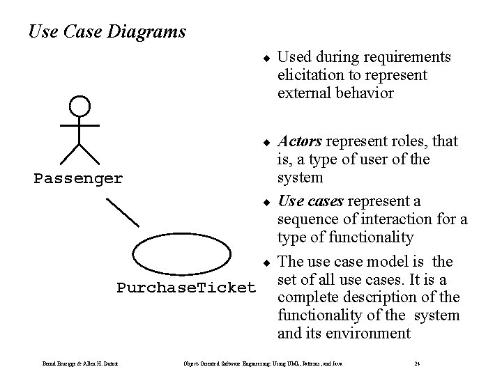 Use Case Diagrams ¨ Used during requirements elicitation to represent external behavior ¨ Actors
