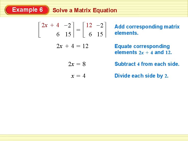 Example 6 Solve a Matrix Equation 2 x + 4 – 2 12 –