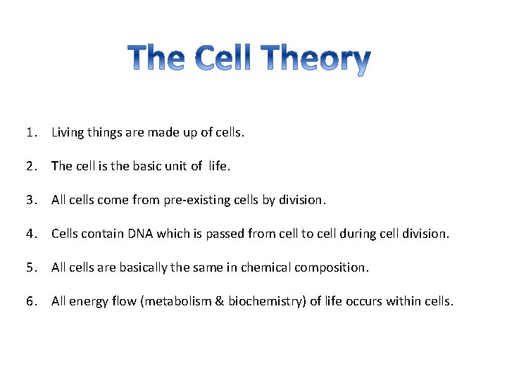 1. Living things are made up of cells. 2. The cell is the basic 1. Living things are made up of cells. 2. The cell is the basic