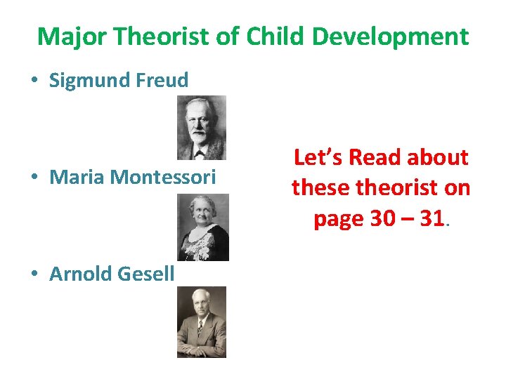 Major Theorist of Child Development • Sigmund Freud • Maria Montessori • Arnold Gesell