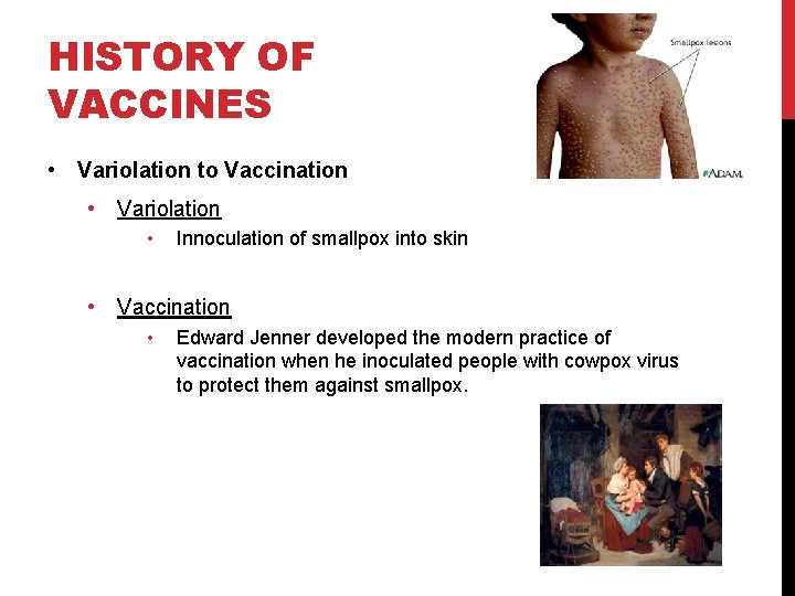 HISTORY OF VACCINES • Variolation to Vaccination • Variolation • Innoculation of smallpox into