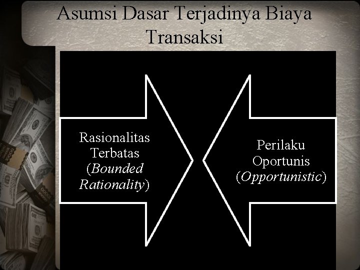 Asumsi Dasar Terjadinya Biaya Transaksi Rasionalitas Terbatas (Bounded Rationality) Perilaku Oportunis (Opportunistic) 