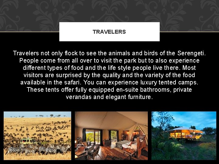 TRAVELERS Travelers not only flock to see the animals and birds of the Serengeti.