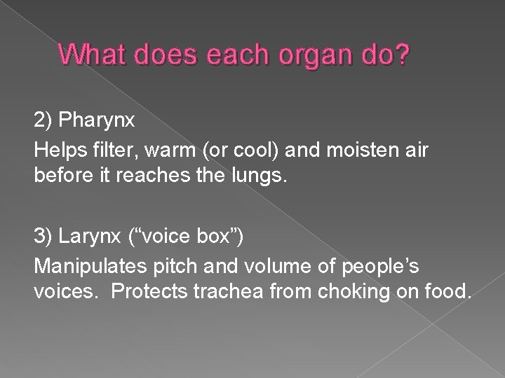 What does each organ do? 2) Pharynx Helps filter, warm (or cool) and moisten