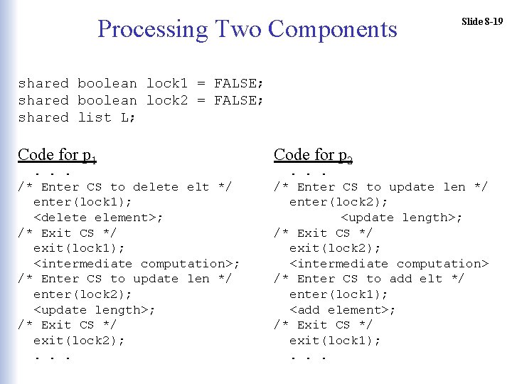 Processing Two Components Slide 8 -19 shared boolean lock 1 = FALSE; shared boolean