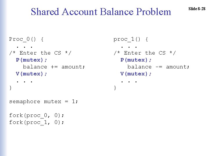 Shared Account Balance Problem Proc_0() {. . . /* Enter the CS */ P(mutex);