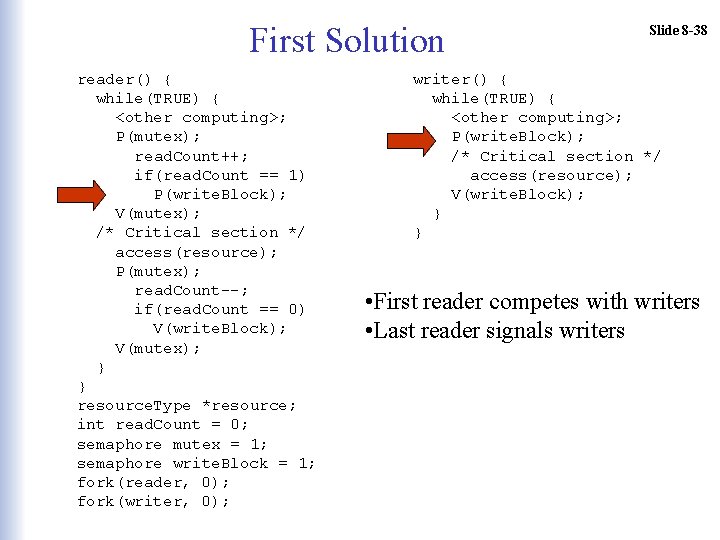 First Solution reader() { while(TRUE) { <other computing>; P(mutex); read. Count++; if(read. Count ==