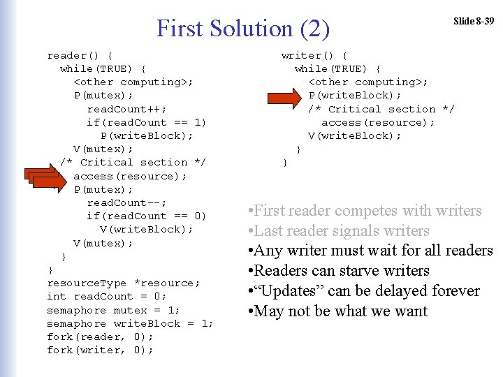 First Solution (2) reader() { while(TRUE) { <other computing>; P(mutex); read. Count++; if(read. Count