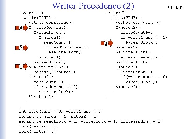 Writer Precedence (2) reader() { writer() { while(TRUE) { <other computing>; P(mutex 2); 4