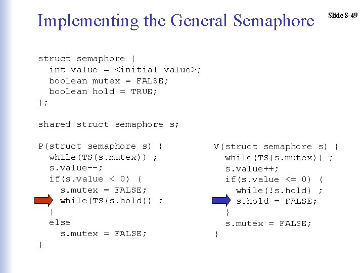 Implementing the General Semaphore Slide 8 -49 struct semaphore { int value = <initial