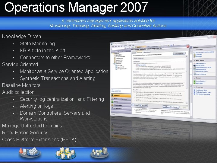 Operations Manager 2007 A centralized management application solution for Monitoring, Trending, Alerting, Auditing and