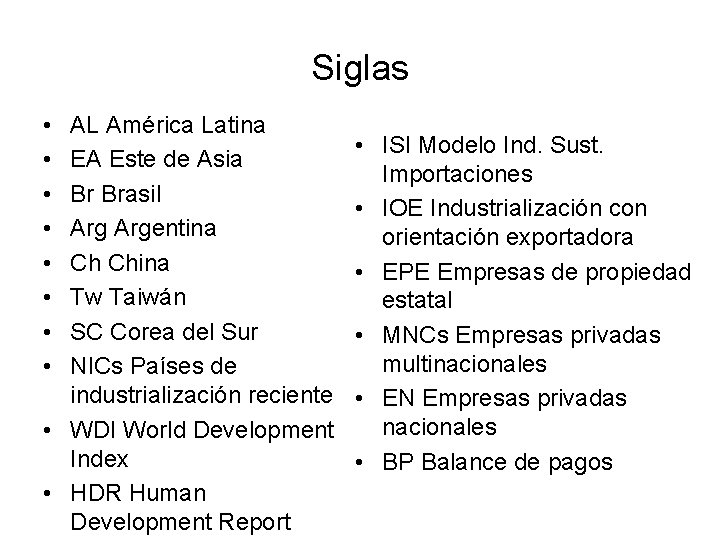 Siglas • • AL América Latina EA Este de Asia Br Brasil Argentina Ch