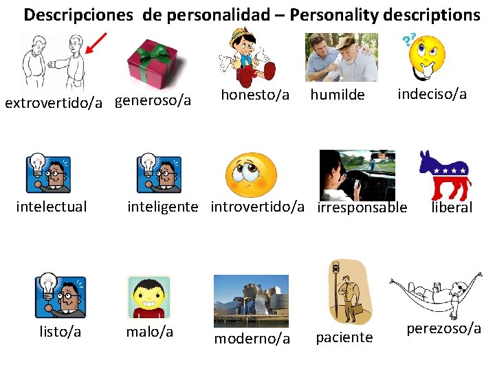 Descripciones de personalidad – Personality descriptions extrovertido/a generoso/a intelectual listo/a honesto/a humilde indeciso/a inteligente