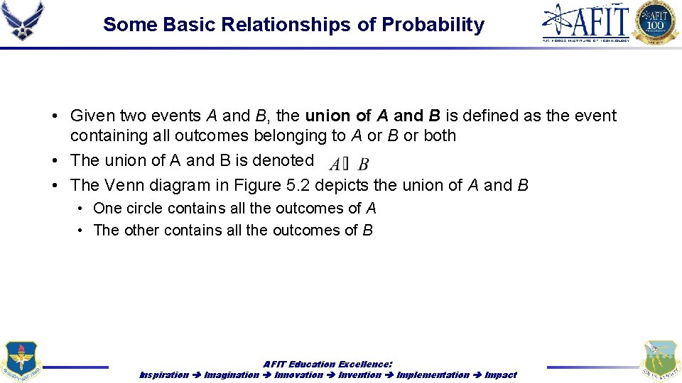 Some Basic Relationships of Probability • Given two events A and B, the union