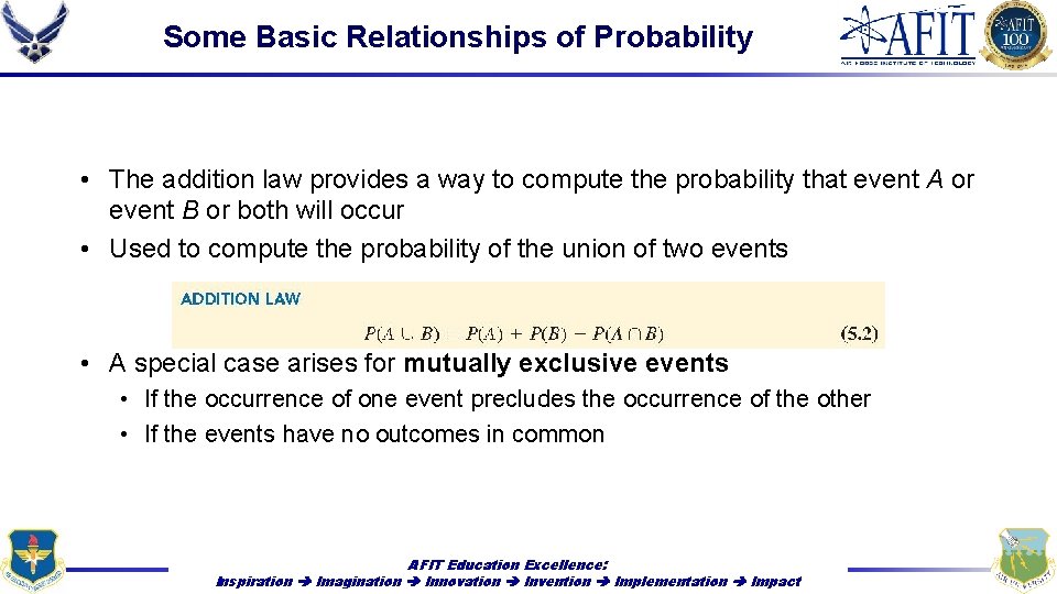 Some Basic Relationships of Probability • The addition law provides a way to compute
