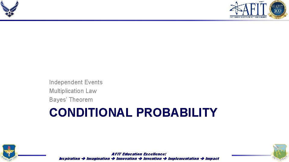 Independent Events Multiplication Law Bayes’ Theorem CONDITIONAL PROBABILITY AFIT Education Excellence: Inspiration Imagination Innovation
