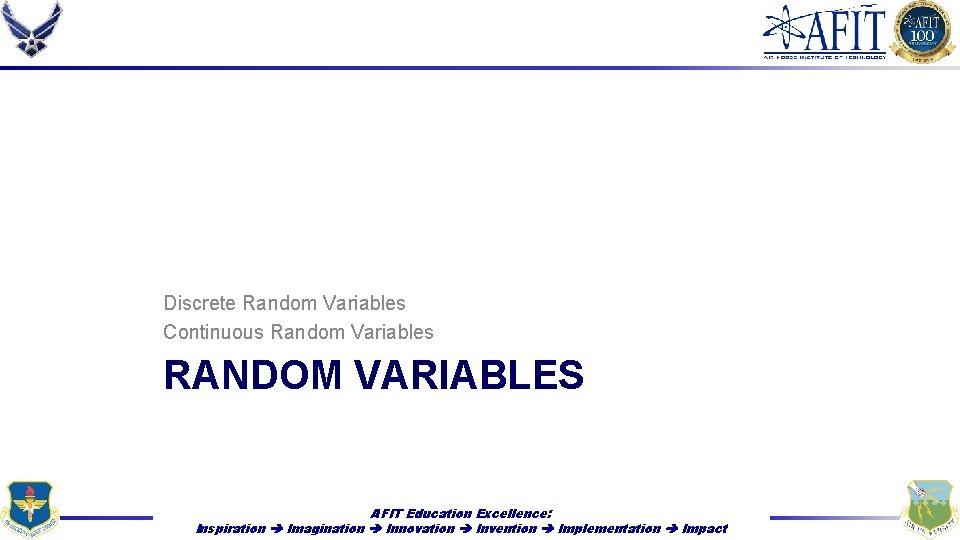 Discrete Random Variables Continuous Random Variables RANDOM VARIABLES AFIT Education Excellence: Inspiration Imagination Innovation