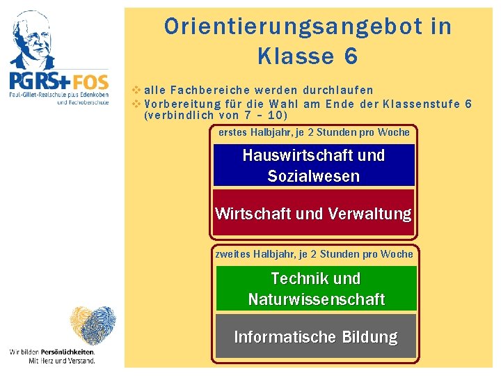 Orientierungsangebot in Klasse 6 v alle Fachbereiche werden durchlaufen v Vorbereitung für die Wahl