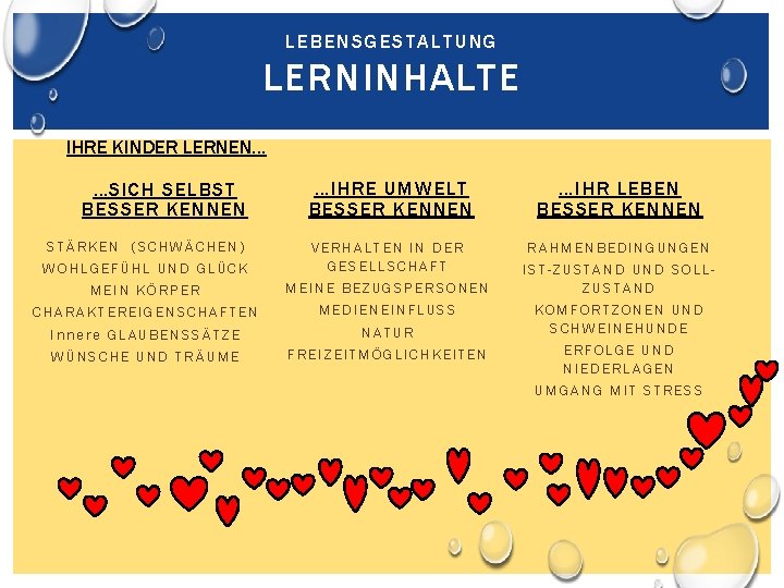 LEBENSGESTALTUNG LERNINHALTE IHRE KINDER LERNEN… …SICH SELBST BESSER KENNEN STÄRKEN (SCHWÄCHEN) WOHLGEFÜHL UND GLÜCK