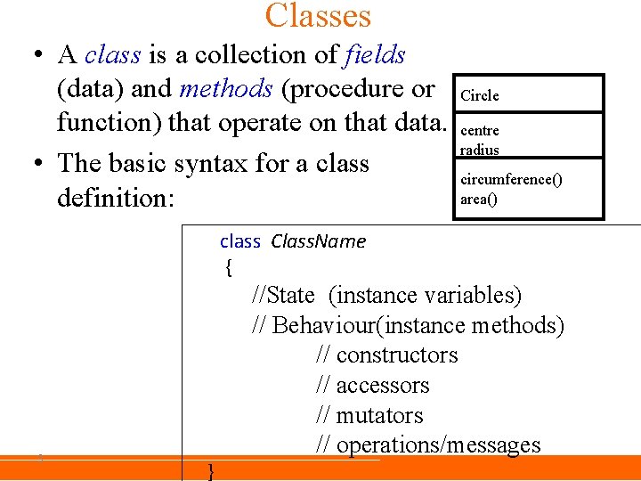 Classes • A class is a collection of fields (data) and methods (procedure or Classes • A class is a collection of fields (data) and methods (procedure or