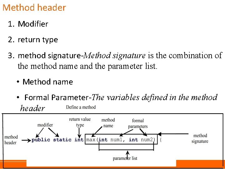 Method header 1. Modifier 2. return type 3. method signature-Method signature is the combination Method header 1. Modifier 2. return type 3. method signature-Method signature is the combination