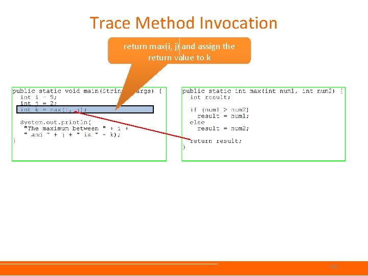 Trace Method Invocation return max(i, j) and assign the return value to k 43 Trace Method Invocation return max(i, j) and assign the return value to k 43