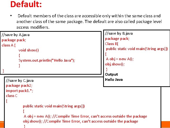 Default: • Default members of the class are accessible only within the same class Default: • Default members of the class are accessible only within the same class