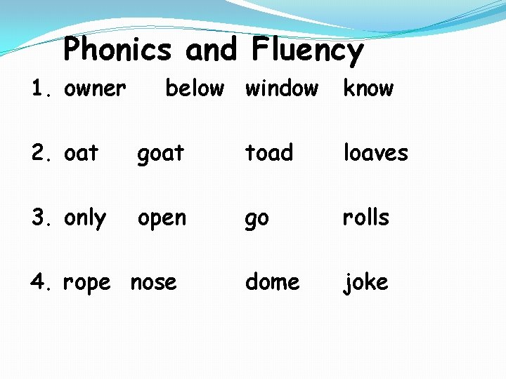 Phonics and Fluency 1. owner below window know 2. oat goat toad loaves 3.