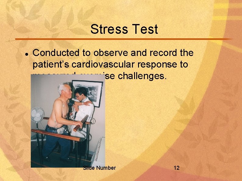 Stress Test Conducted to observe and record the patient’s cardiovascular response to measured exercise