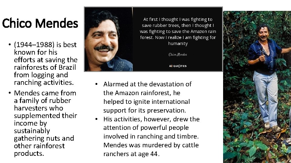 Chico Mendes • (1944– 1988) is best known for his efforts at saving the