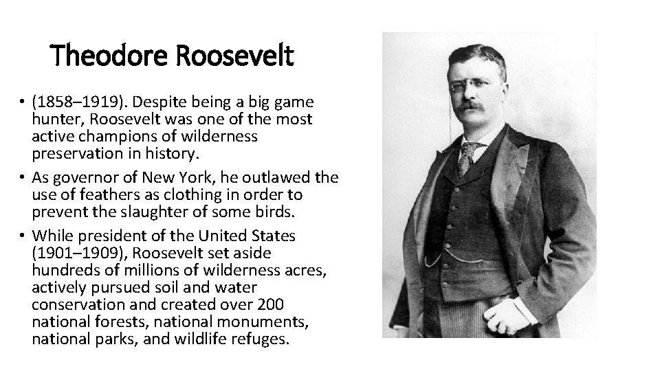 Theodore Roosevelt • (1858– 1919). Despite being a big game hunter, Roosevelt was one