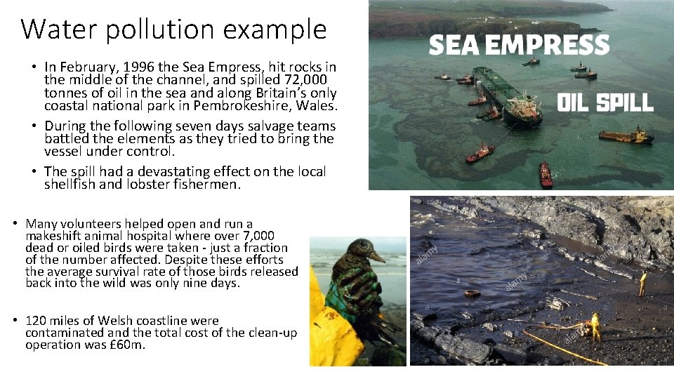 Water pollution example • In February, 1996 the Sea Empress, hit rocks in the