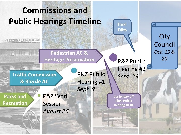 Commissions and Public Hearings Timeline Pedestrian AC & Heritage Preservation Traffic Commission & Bicycle