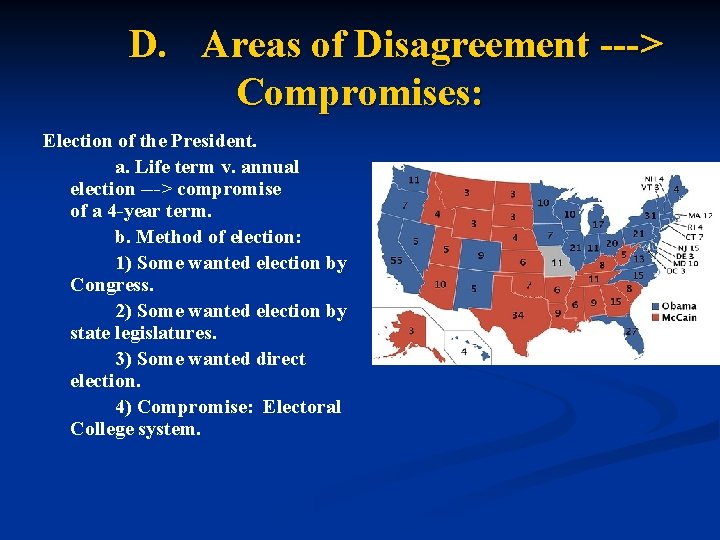 D. Areas of Disagreement ---> Compromises: Election of the President. a. Life term v.