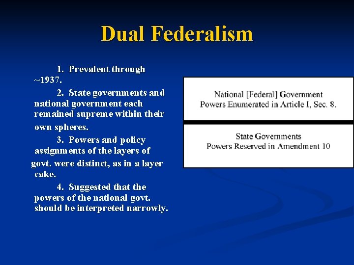 Dual Federalism 1. Prevalent through ~1937. 2. State governments and national government each remained