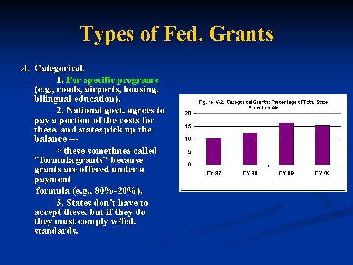 Types of Fed. Grants A. Categorical. 1. For specific programs (e. g. , roads,