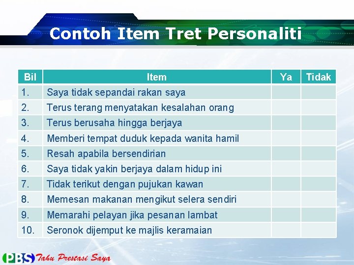 Contoh Item Tret Personaliti Bil Item 1. Saya tidak sepandai rakan saya 2. Terus