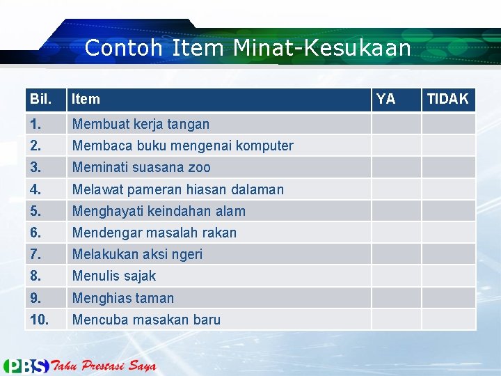 Contoh Item Minat-Kesukaan Bil. Item 1. Membuat kerja tangan 2. Membaca buku mengenai komputer