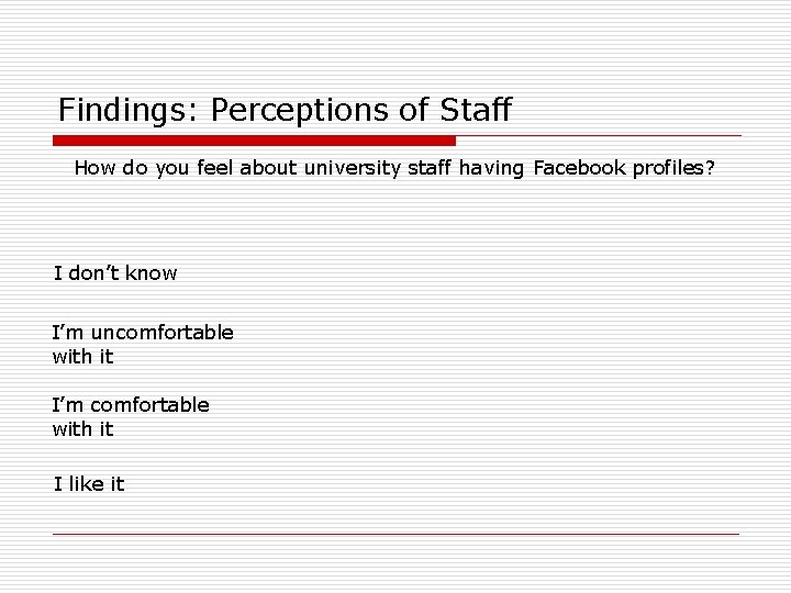 Findings: Perceptions of Staff How do you feel about university staff having Facebook profiles?