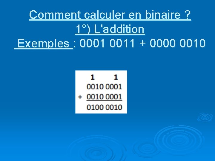 Comment calculer en binaire ? 1°) L'addition Exemples : 0001 0011 + 0000 0010