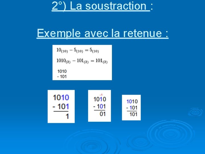 2°) La soustraction : Exemple avec la retenue : 