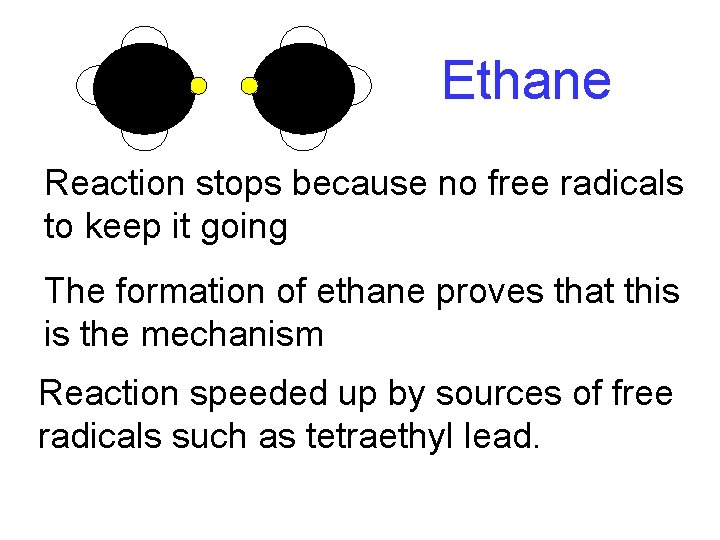 Ethane Methyl stops Methyl Reaction because no free radicals radical to keep it going