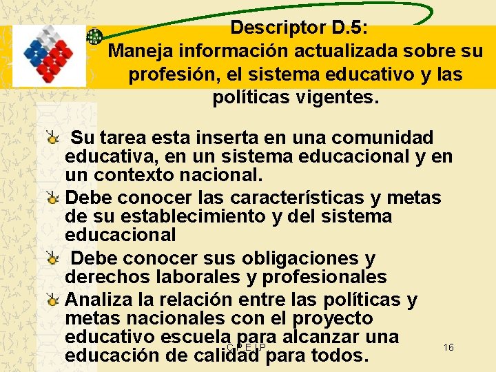 Descriptor D. 5: Maneja información actualizada sobre su profesión, el sistema educativo y las