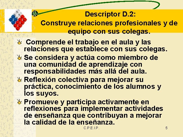 Descriptor D. 2: Construye relaciones profesionales y de equipo con sus colegas. Comprende el