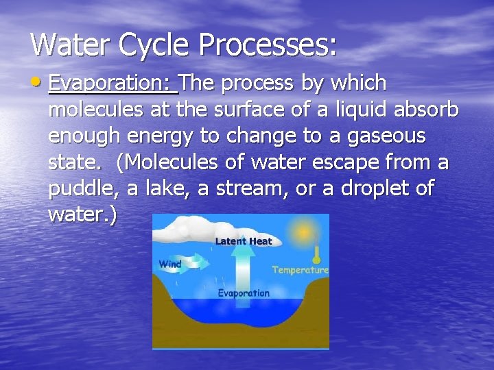 Water Cycle Processes: • Evaporation: The process by which molecules at the surface of