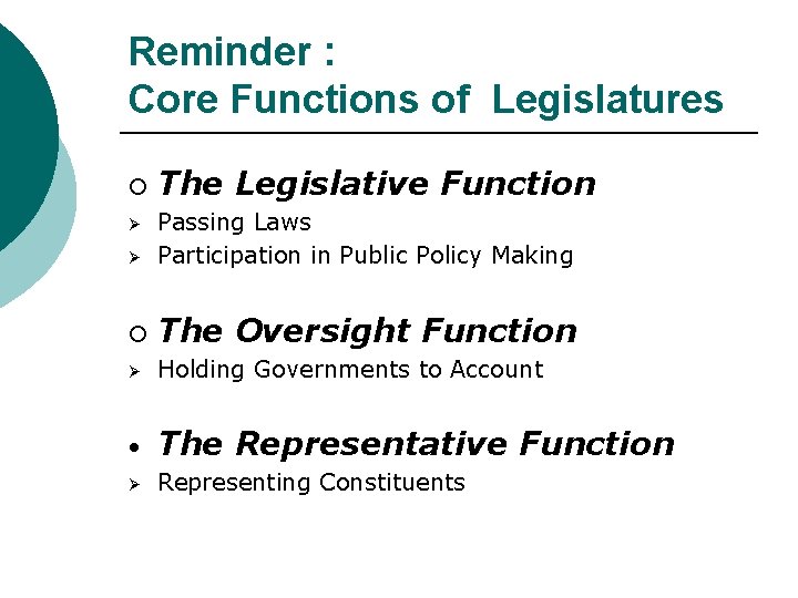 Reminder : Core Functions of Legislatures ¡ The Legislative Function Ø Passing Laws Participation