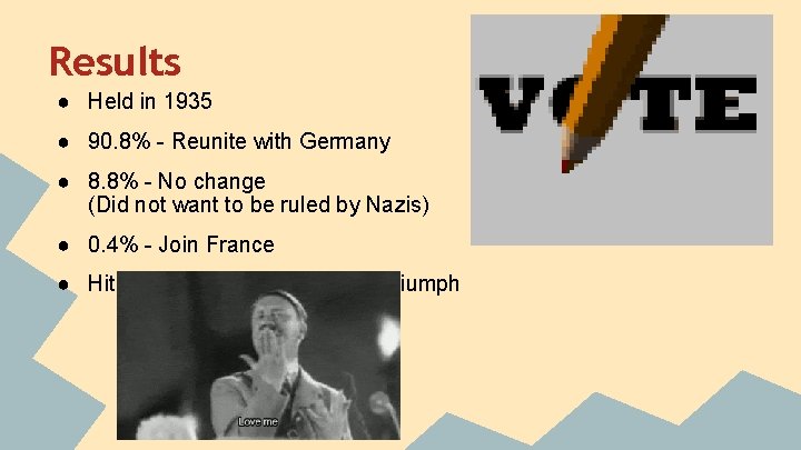 Results ● Held in 1935 ● 90. 8% - Reunite with Germany ● 8.