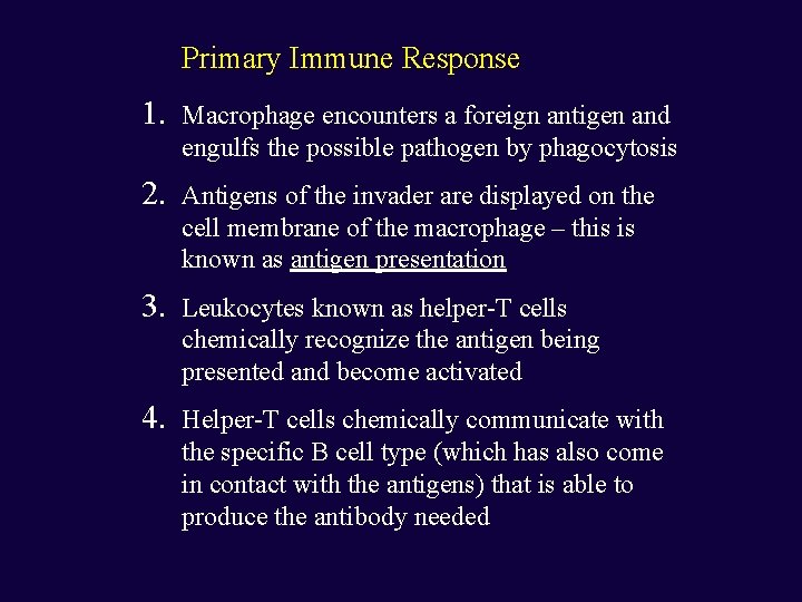 Primary Immune Response 1. Macrophage encounters a foreign antigen and engulfs the possible pathogen